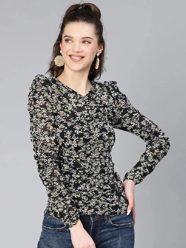 Strom Black Floral Print Garthered Pleated Women Crop Top Fleece Fabric Down Fabric Feather Fabric Strom Black Floral Print Garthered Pleated Women Crop Top Fleece Fabric Down Fabric Feather Fabric
