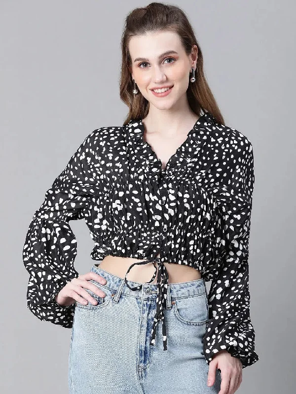 Women Black Animal Print Round Neck Long Sleeve Elasticated Tie-Up Crop Top-W23247WBL006 Mesh Fabric Canvas Fabric Denim Fabric