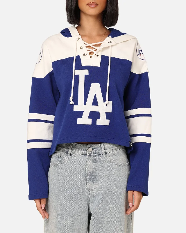 47 Brand Women's Los Angeles Dodgers Cropped Lacer Hoodie Royal Hoodie with Neon Bright Vibrant 47 Brand Women's Los Angeles Dodgers Cropped Lacer Hoodie Royal Hoodie with Neon Bright Vibrant