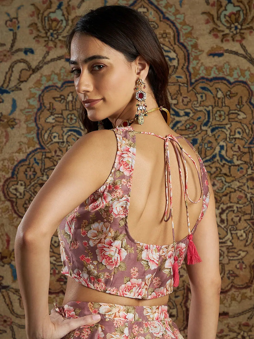 Women Mauve Chanderi Floral Sleeveless Crop Top Embroidered Appliqued Beaded