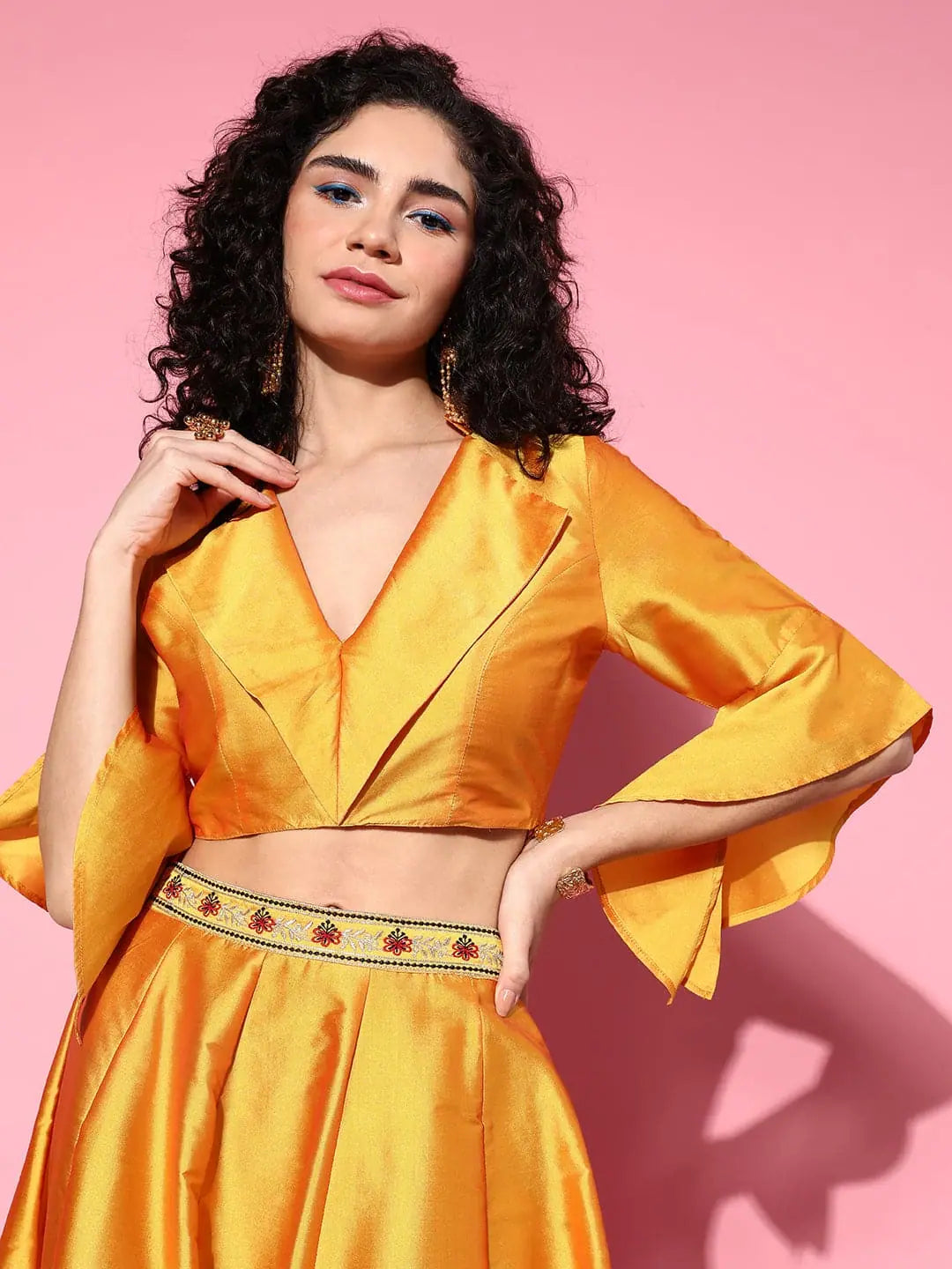 Women Mustard Notch Collar Crop Top Solid Color Striped Floral