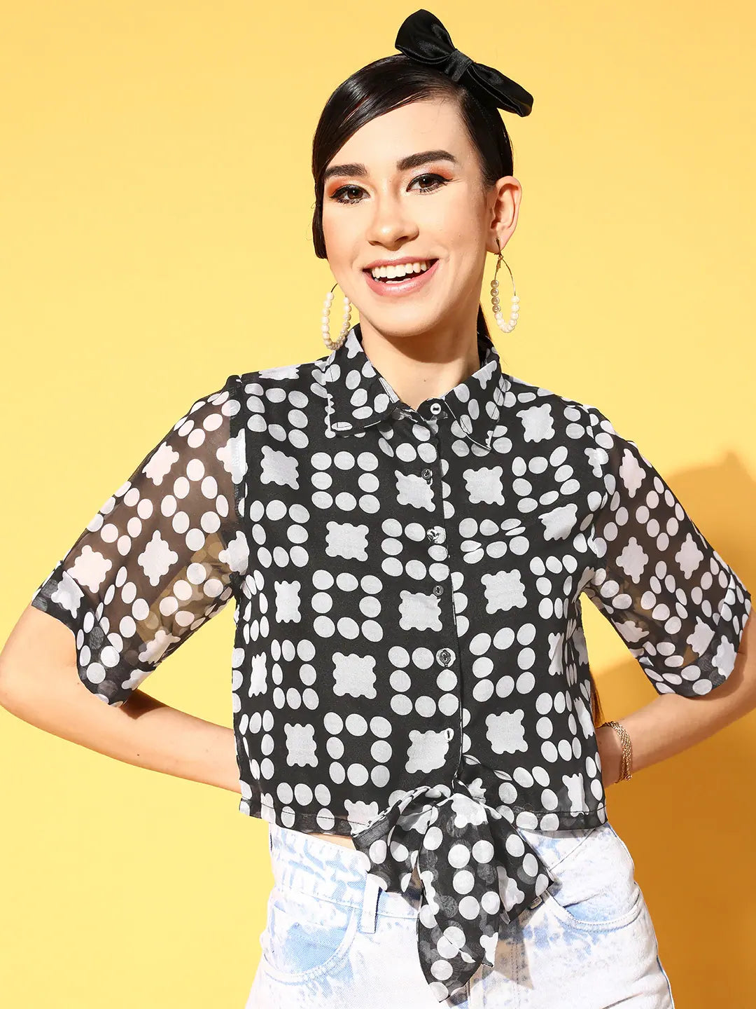 Women Black Organza Dot Print Tie-Knot Crop Top Jersey Fabric Tulle Fabric Batik Fabric Women Black Organza Dot Print Tie-Knot Crop Top Jersey Fabric Tulle Fabric Batik Fabric