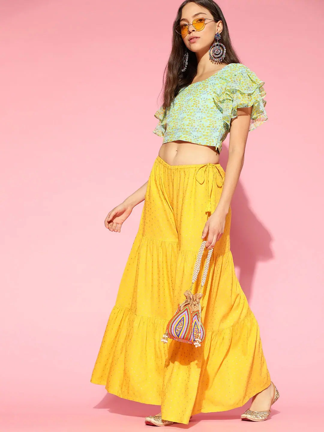 Ahika Green Georgette Blouson Crop Top Welt Pockets Slit Pockets Flap Pockets