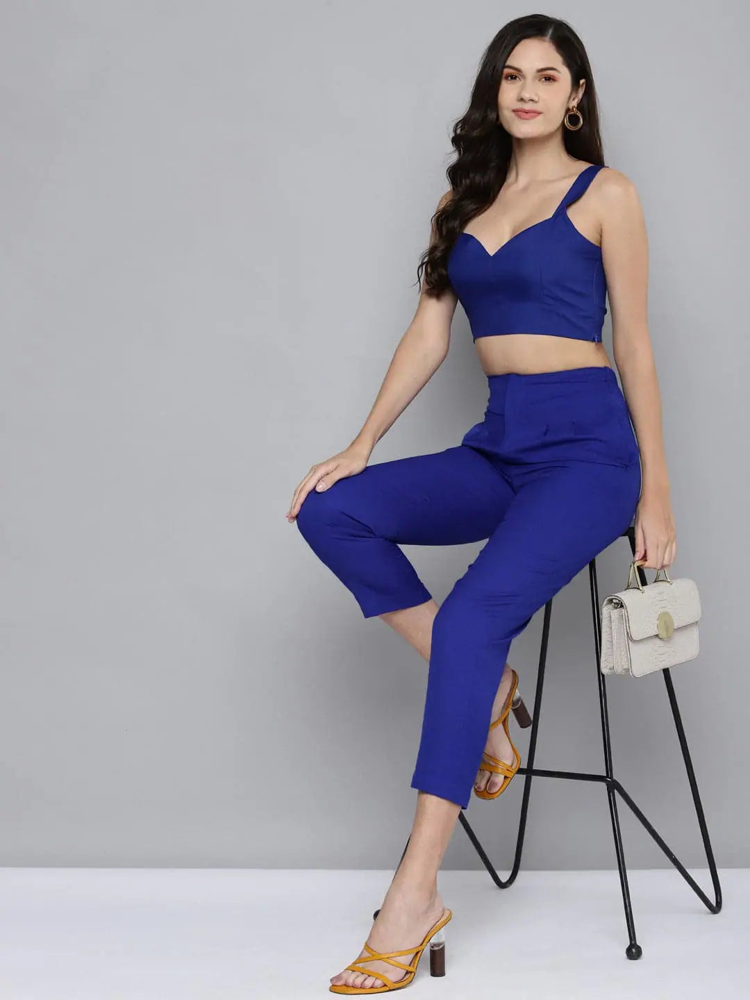 Women Royal Blue Sweetheart Neck Strappy Crop Top Wool Fabric Cashmere Fabric Tweed Fabric Women Royal Blue Sweetheart Neck Strappy Crop Top Wool Fabric Cashmere Fabric Tweed Fabric