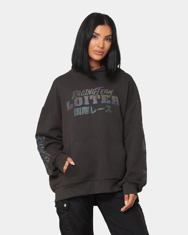 Loiter Dynasty Racing Reflective Hoodie Charcoal Hoodie with Button Placket Classic Preppy Loiter Dynasty Racing Reflective Hoodie Charcoal Hoodie with Button Placket Classic Preppy