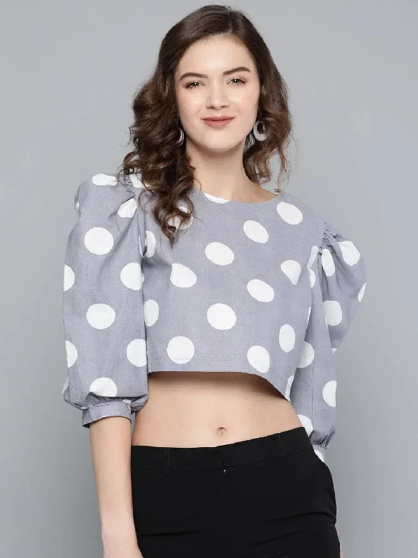 Grey & White Polka Puff Sleeve Crop Top Machine Wash Dry Clean Hand Wash