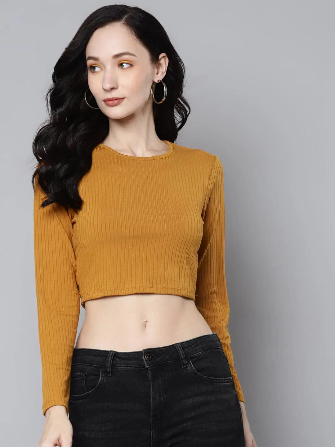 Women Mustrad Rib Back Cut Out Crop Top Hooded Caped Shawl Collar