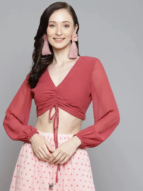 Women Rose Pink Front Ruched Crop Top Notch Collar Peter Pan Collar Cowl Neck