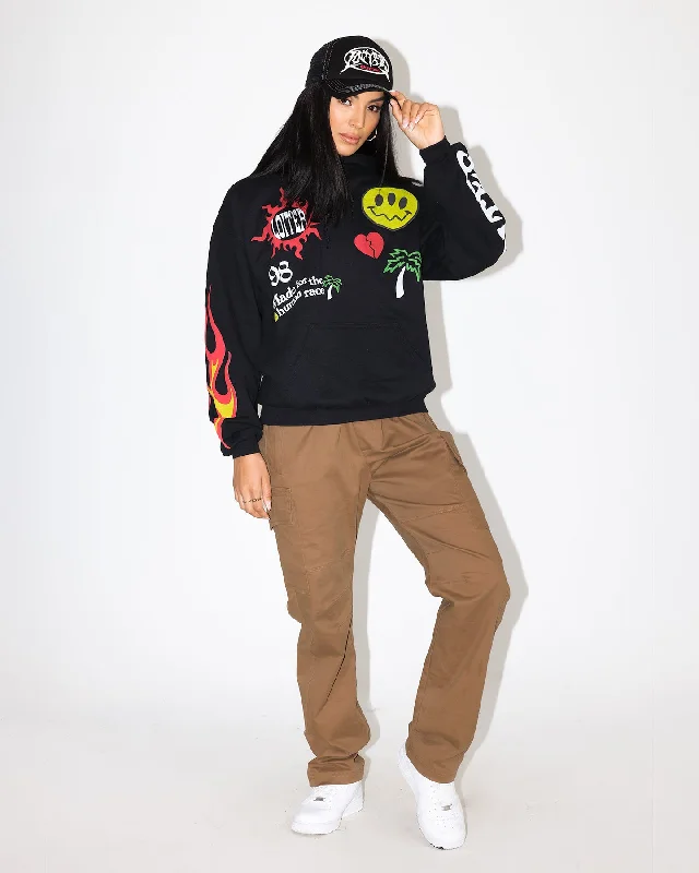 Loiter Euphoric Multi Logo Hoodie Black Wash Hoodie with Belted Waist Structured Tailored Loiter Euphoric Multi Logo Hoodie Black Wash Hoodie with Belted Waist Structured Tailored