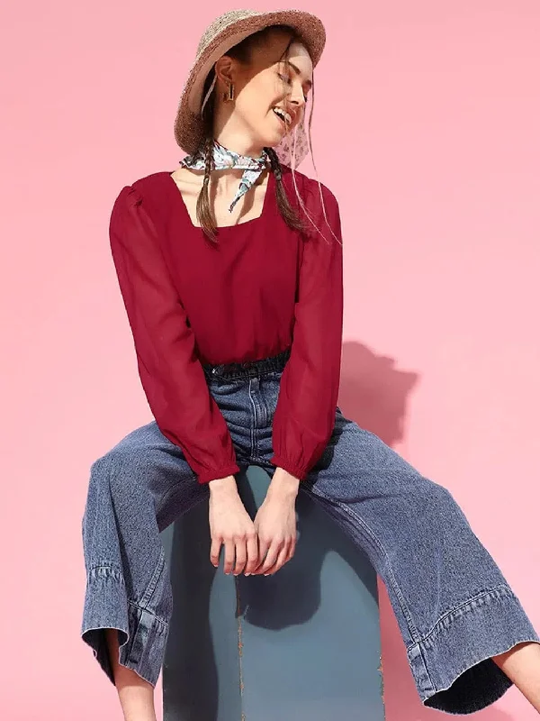 Women Maroon Square Neck Crop Top Terry Blend Velvet Blend Canvas Blend
