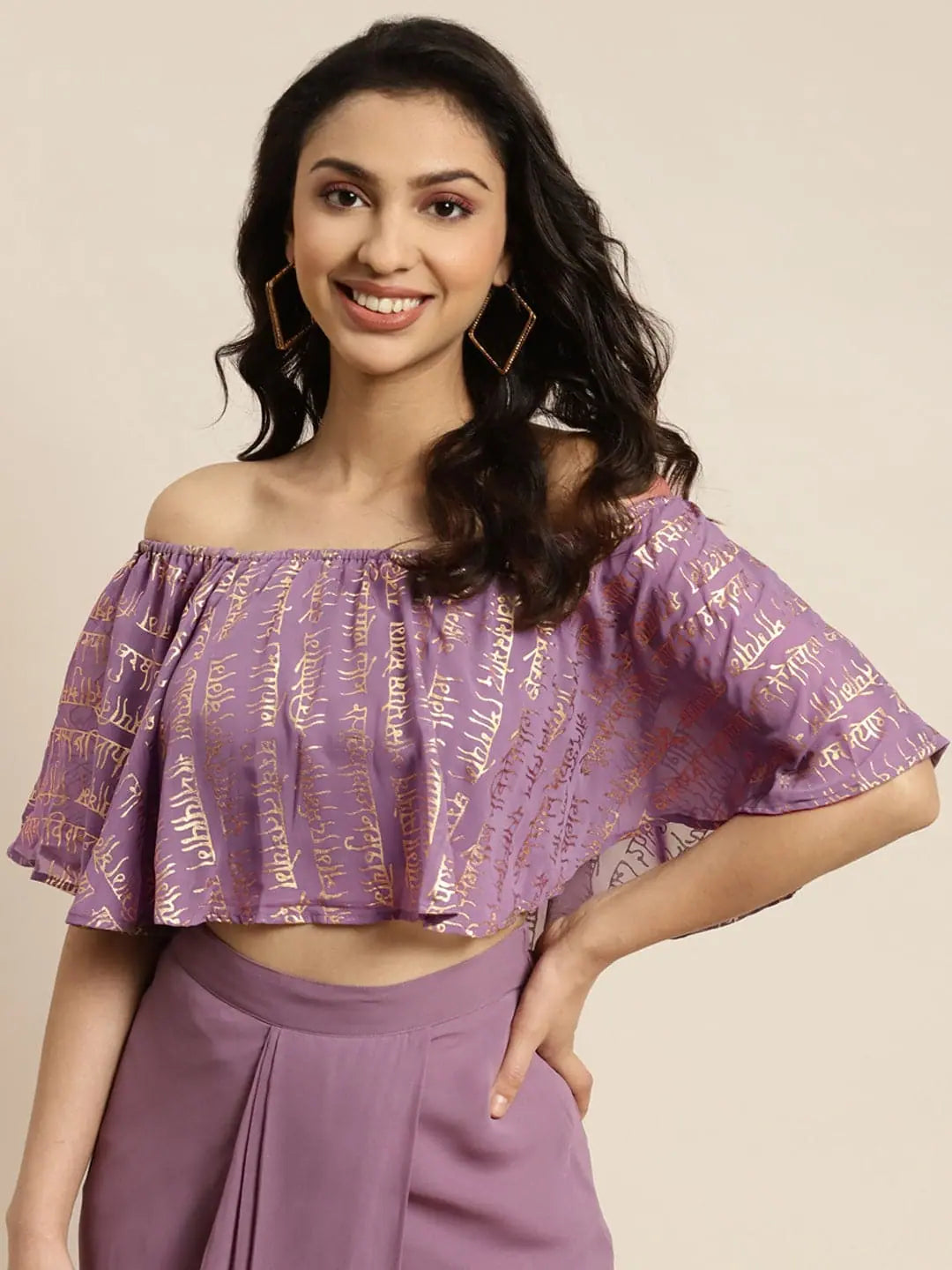 Women Purple Shloka Foil Print Bardot Crop Top Spandex Blend Rayon Blend Denim Blend Women Purple Shloka Foil Print Bardot Crop Top Spandex Blend Rayon Blend Denim Blend