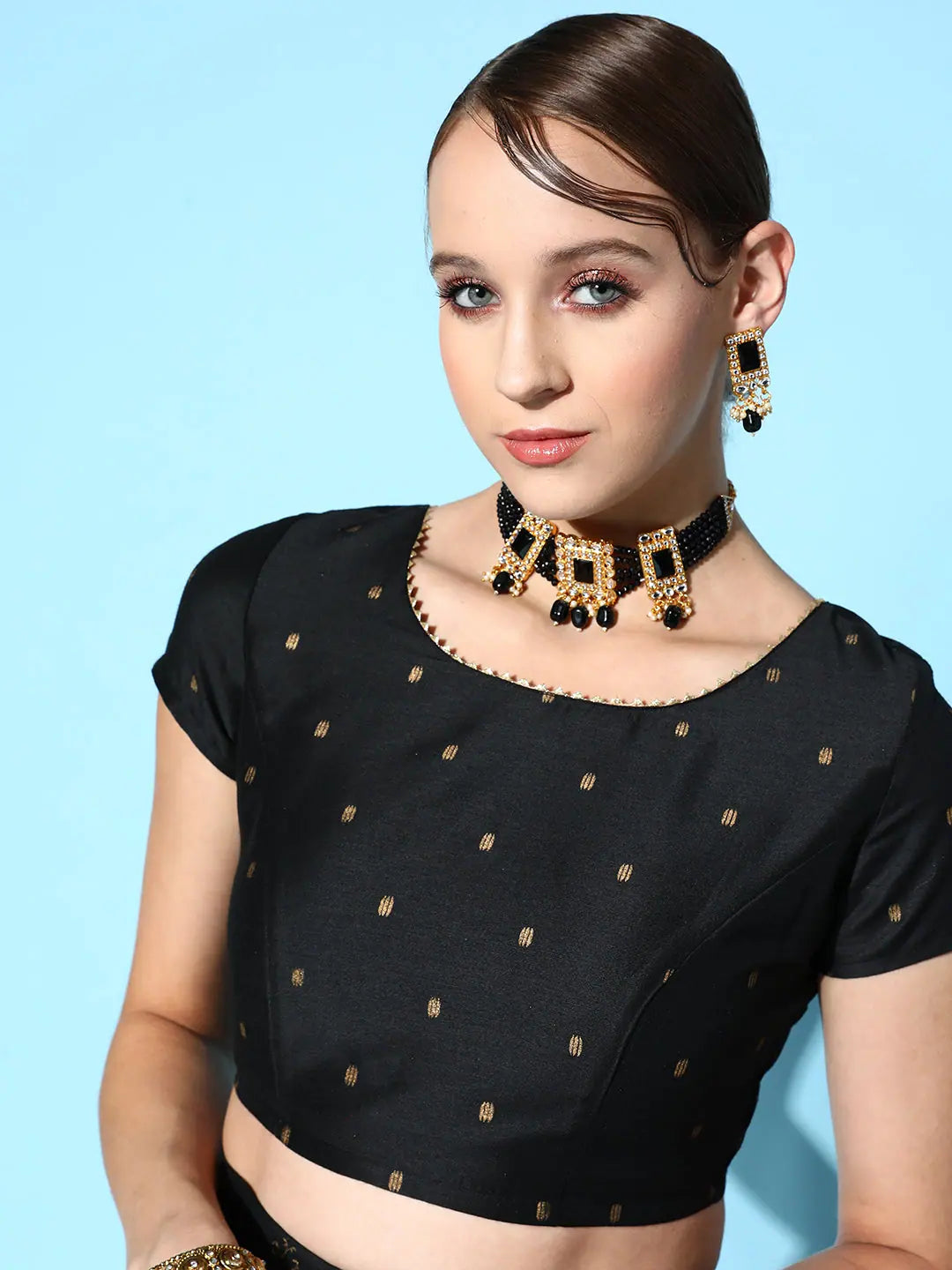 Women Black Cotton Silk Geo Foil Crop Top Mesh Blend Leather Blend Suede Blend