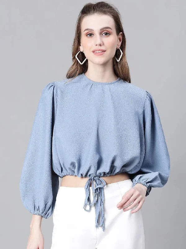 Women Blue Round Neck Long Sleeve Elasticated Tie-Up Crop Top-W23246WBL004 Cotton Fabric Linen Fabric Terry Fabric