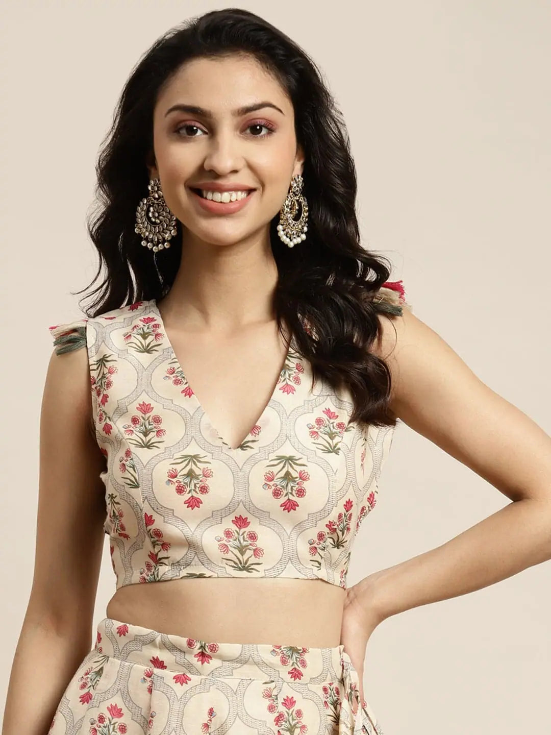 Women Beige Chanderi Mughal Floral Sleeveless Crop Top Thin Crop Top Open Front Quick Dry Women Beige Chanderi Mughal Floral Sleeveless Crop Top Thin Crop Top Open Front Quick Dry