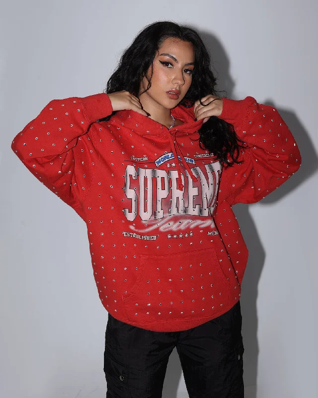 Supreme Rhinestone Hoodie Sweatshirt Burnt Red Hoodie with Ribbed Neckline Snug Warm Supreme Rhinestone Hoodie Sweatshirt Burnt Red Hoodie with Ribbed Neckline Snug Warm