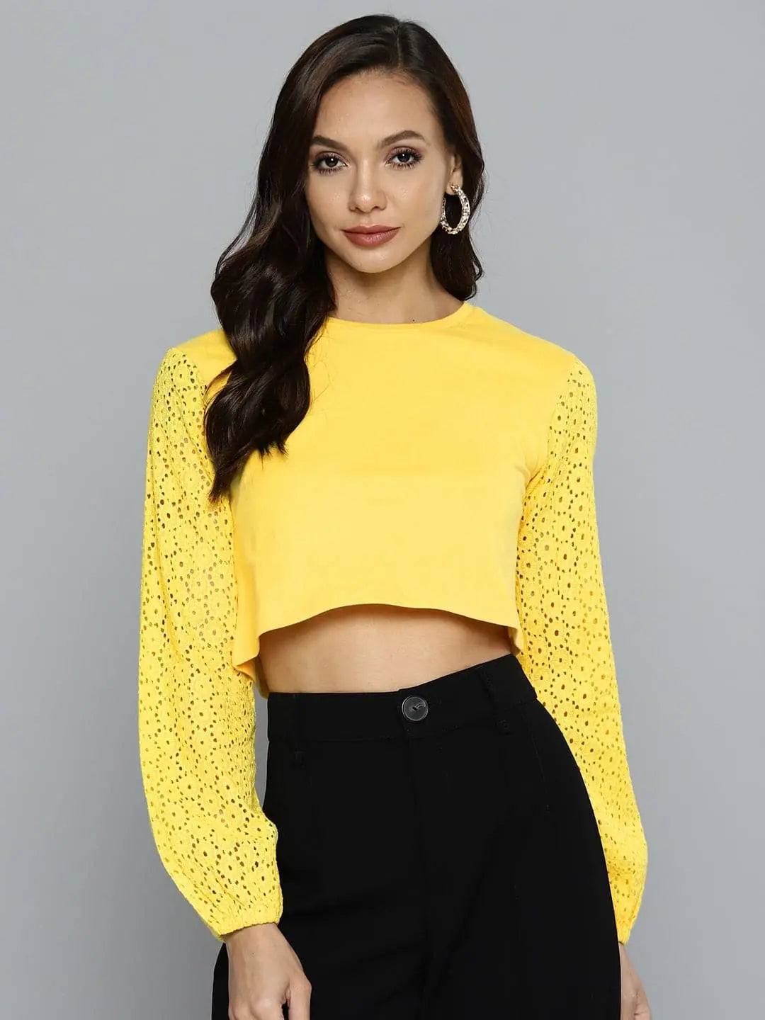 Women Yellow Schiffli Round Neck Crop Top Chenille Fabric Brocade Fabric Lace Fabric Women Yellow Schiffli Round Neck Crop Top Chenille Fabric Brocade Fabric Lace Fabric