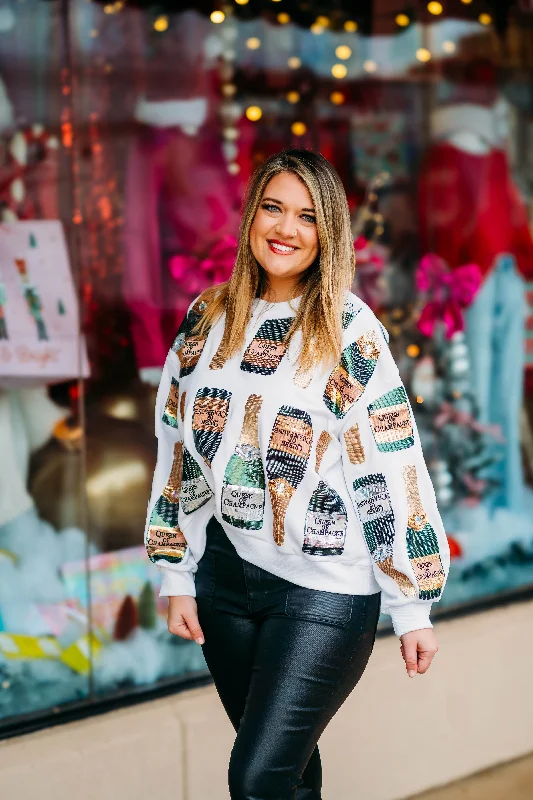 Queen of Sparkles: White Scattered Champagne Bottle Sweatshirt Hoodie with Typography Text Message Queen of Sparkles: White Scattered Champagne Bottle Sweatshirt Hoodie with Typography Text Message