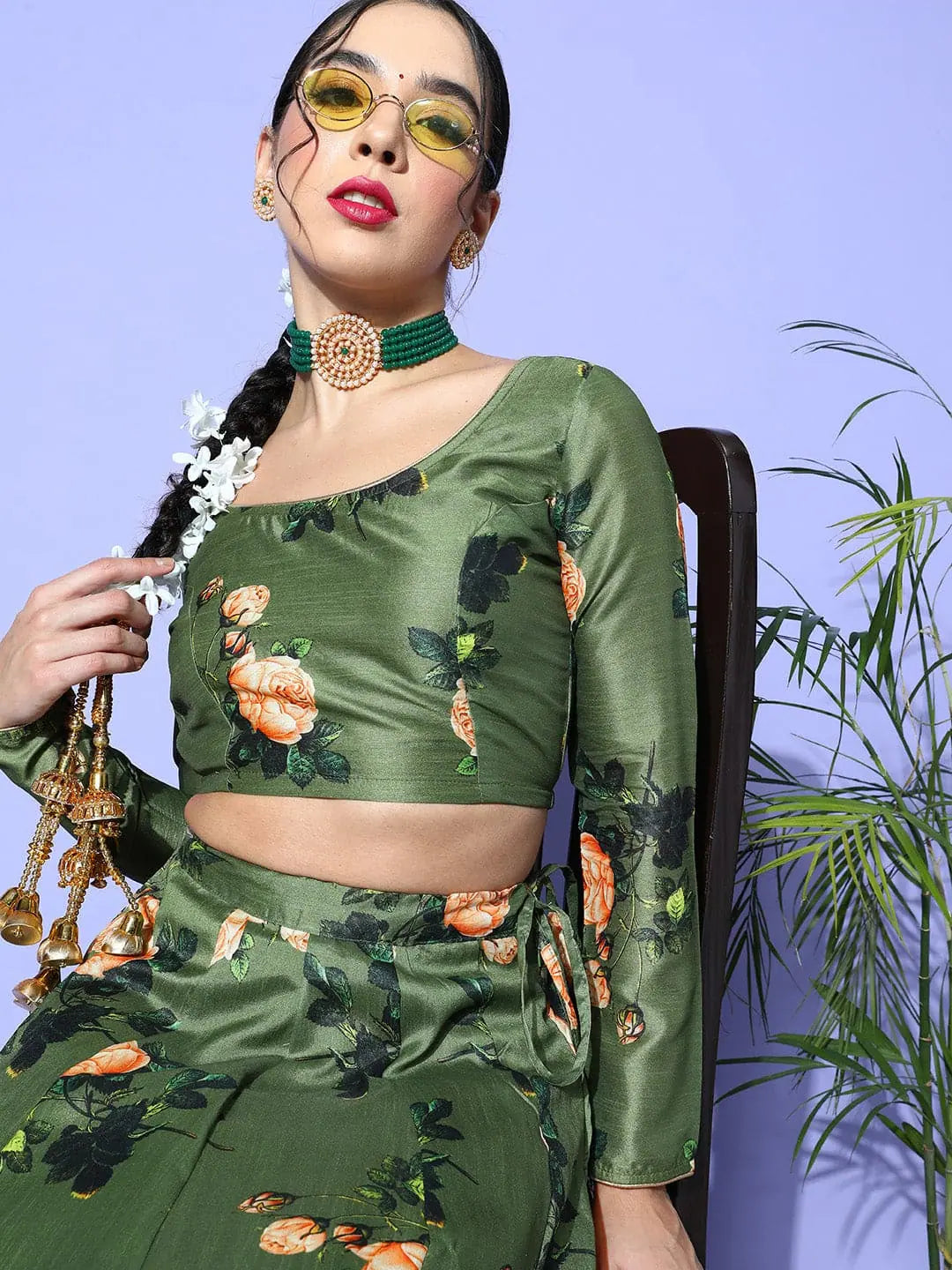 Women Green Floral Chanderi Crop Top Knit Fabric Woven Fabric Fleece Fabric