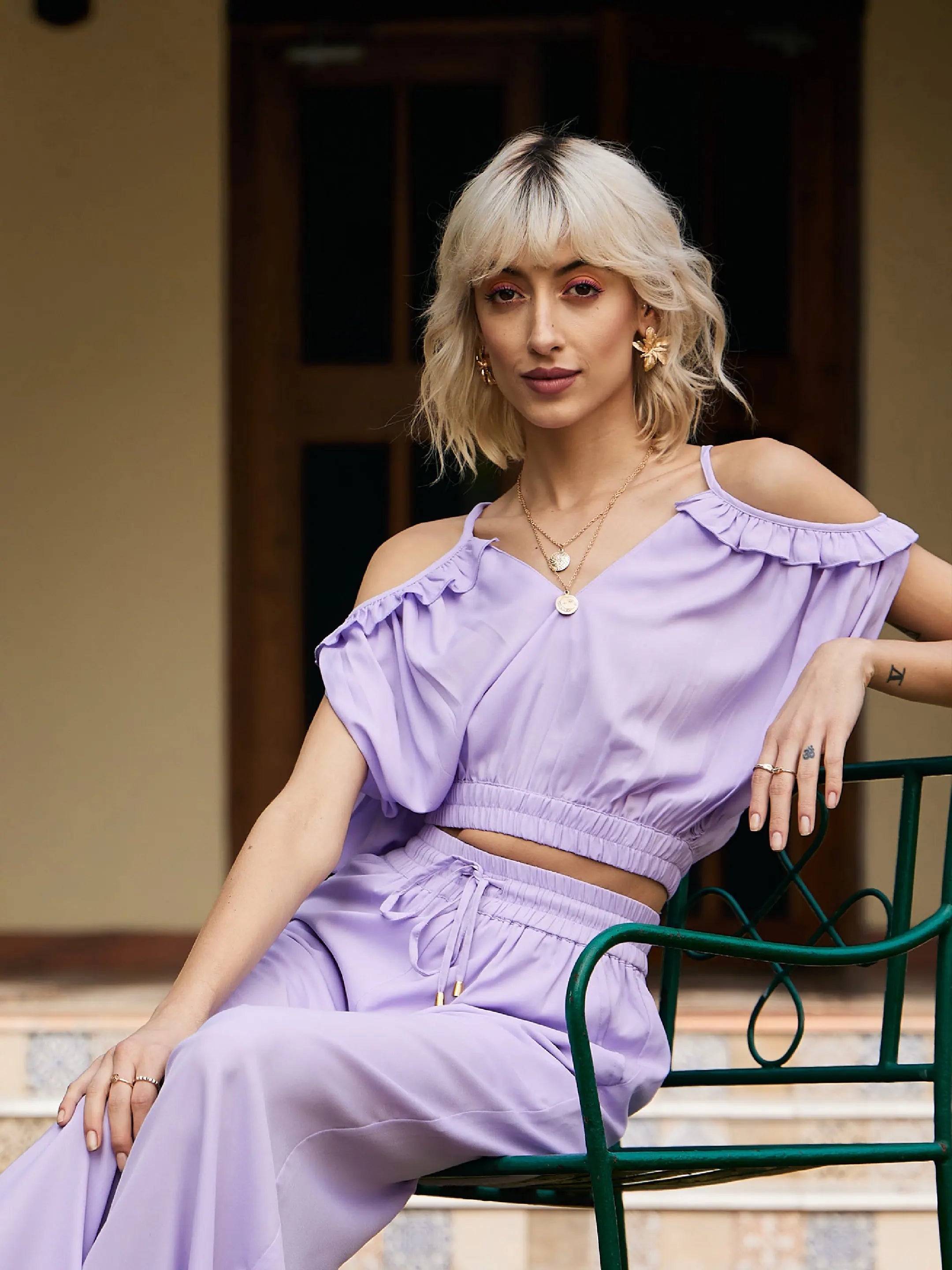Women Lavender Strappy V-Neck Tie Back Crop Top Houndstooth Herringbone Solid