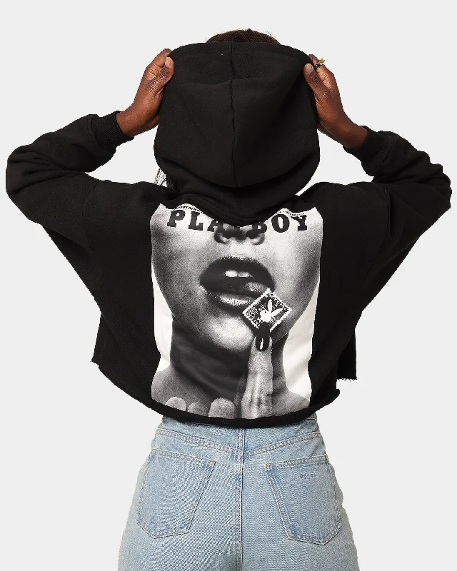Playboy Women's October 71' Cropped Hoodie Black Hoodie with Longline Fit Extended Stylish Playboy Women's October 71' Cropped Hoodie Black Hoodie with Longline Fit Extended Stylish