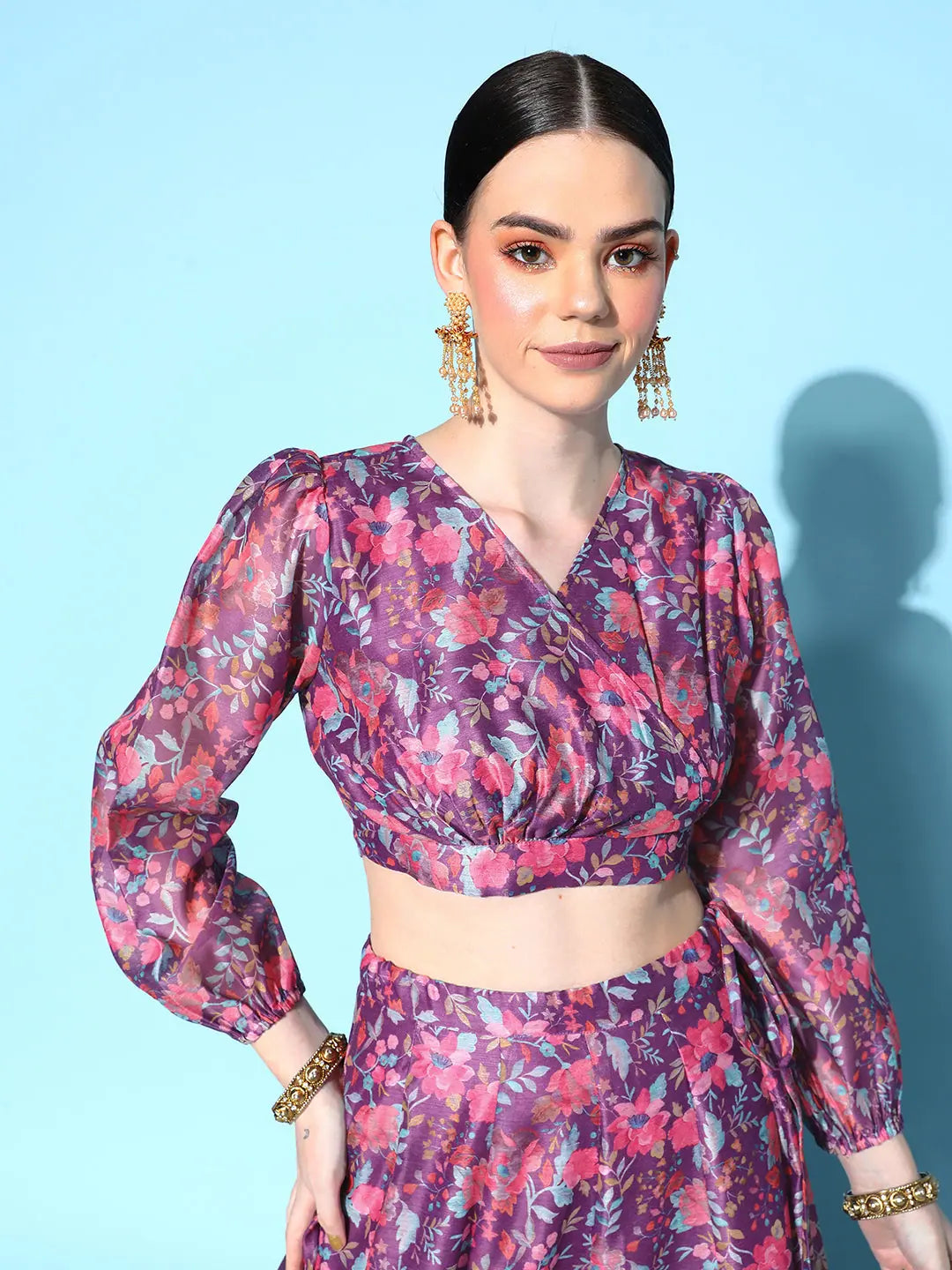Women Purple Floral Wrap Crop Top Terry Blend Velvet Blend Canvas Blend