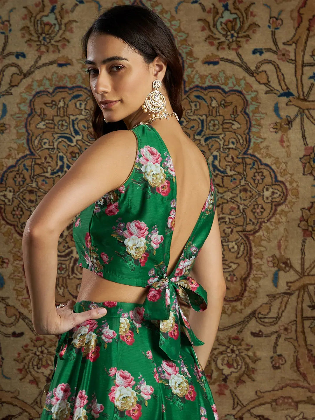 Women Green Chanderi Floral Back Bow Tie Crop Top Jersey Fabric Tulle Fabric Batik Fabric Women Green Chanderi Floral Back Bow Tie Crop Top Jersey Fabric Tulle Fabric Batik Fabric