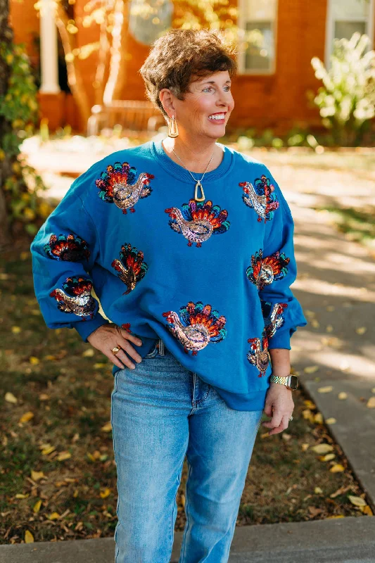 Queen of Sparkles: Dark Teal Beaded Turkeys All Over Sweatshirt Hoodie with Emblem Brand Identity Queen of Sparkles: Dark Teal Beaded Turkeys All Over Sweatshirt Hoodie with Emblem Brand Identity