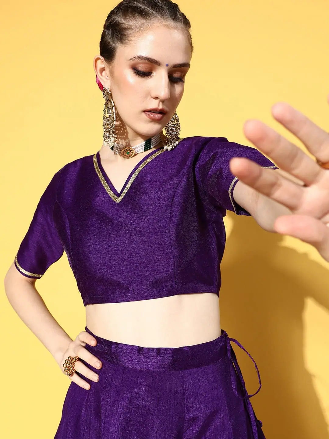 Women Purple V Neck Crop Top Satin Fabric Silk Fabric Chiffon Fabric