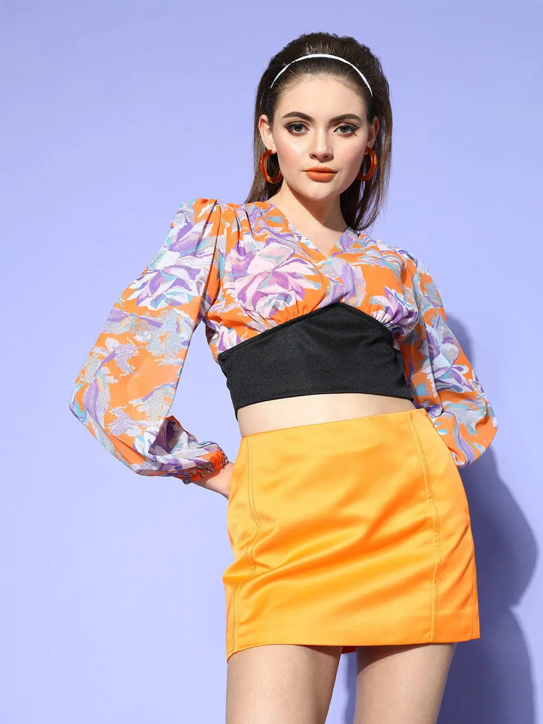 Women Orange & Purple Floral V-Neck Crop Top Chenille Blend Fleece Blend Nylon Blend Women Orange & Purple Floral V-Neck Crop Top Chenille Blend Fleece Blend Nylon Blend