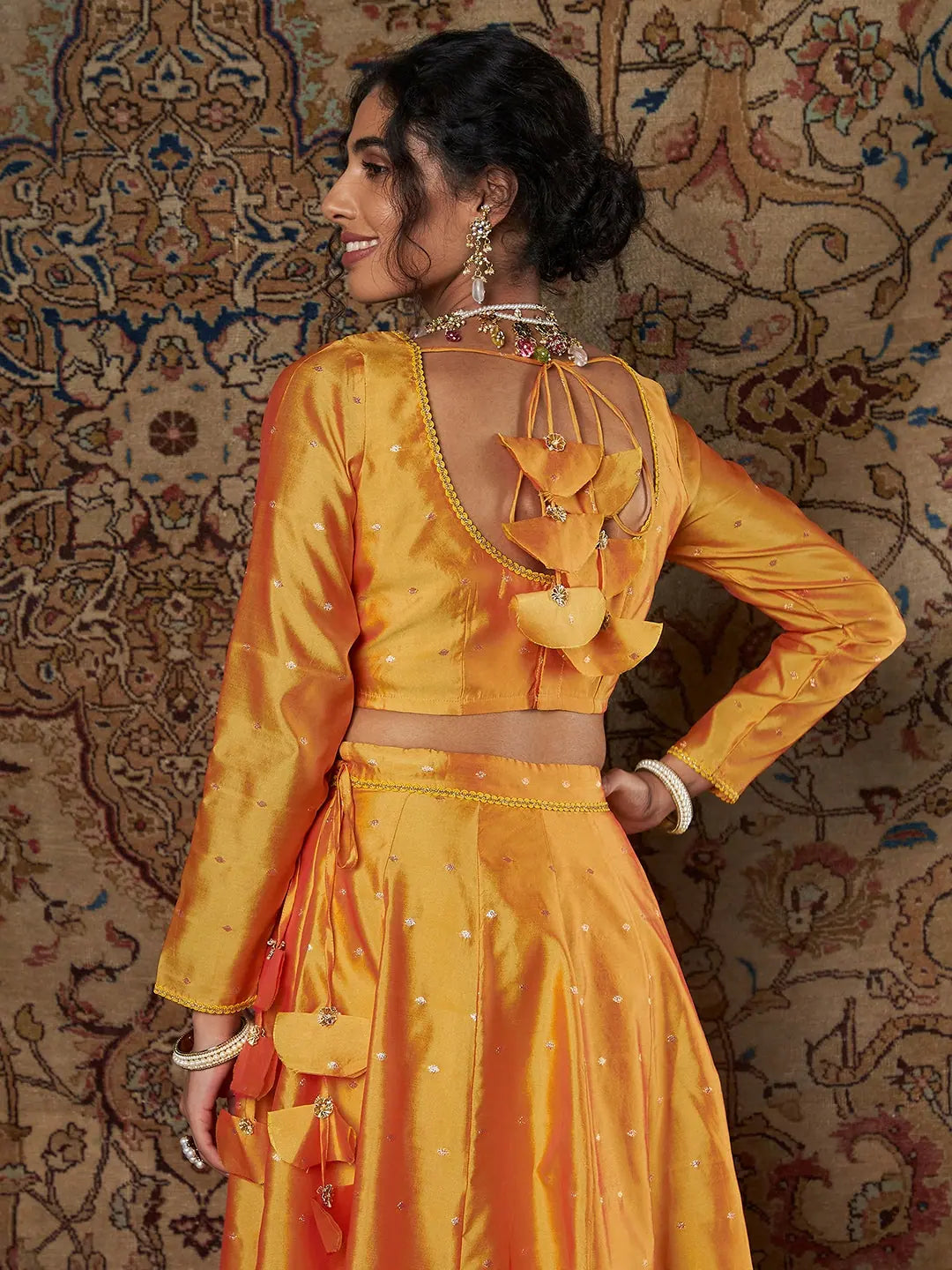 Women Mustard Taffeta Jacquard Crop Top Ribbed Striped Patterned