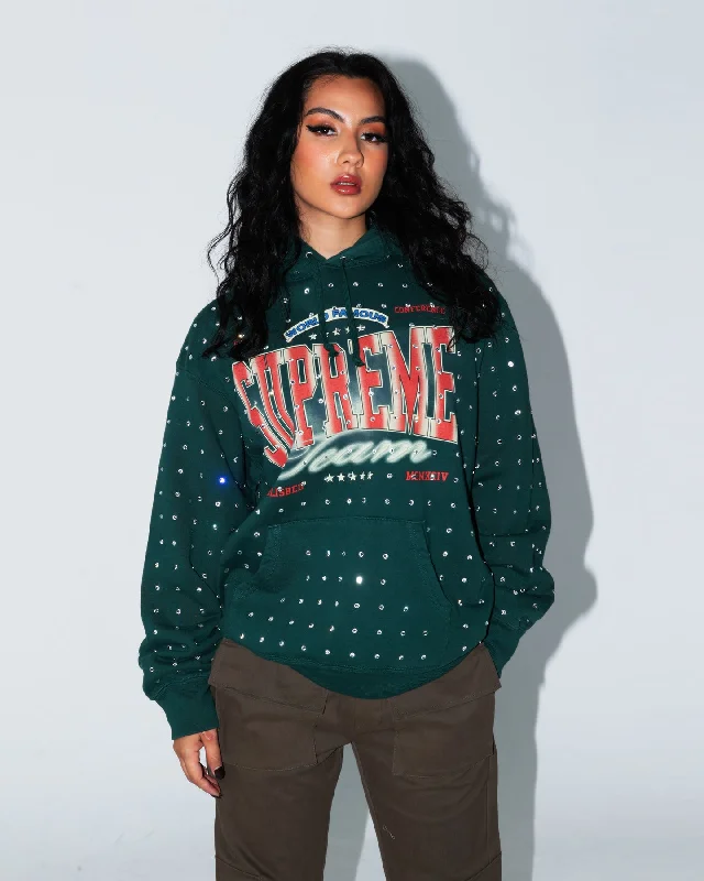 Supreme Rhinestone Hoodie Sweatshirt Dark Green Hoodie with Rolled Sleeves Casual Relaxed Supreme Rhinestone Hoodie Sweatshirt Dark Green Hoodie with Rolled Sleeves Casual Relaxed