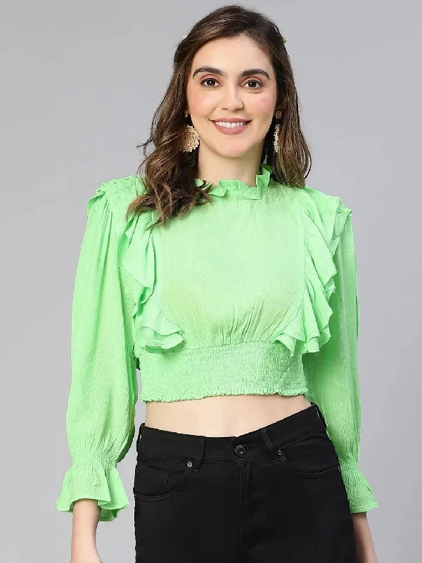 Women Solid Green Ruffled Long Sleeve Casual Crop Top-S23078WBL002 Terry Blend Velvet Blend Canvas Blend Women Solid Green Ruffled Long Sleeve Casual Crop Top-S23078WBL002 Terry Blend Velvet Blend Canvas Blend