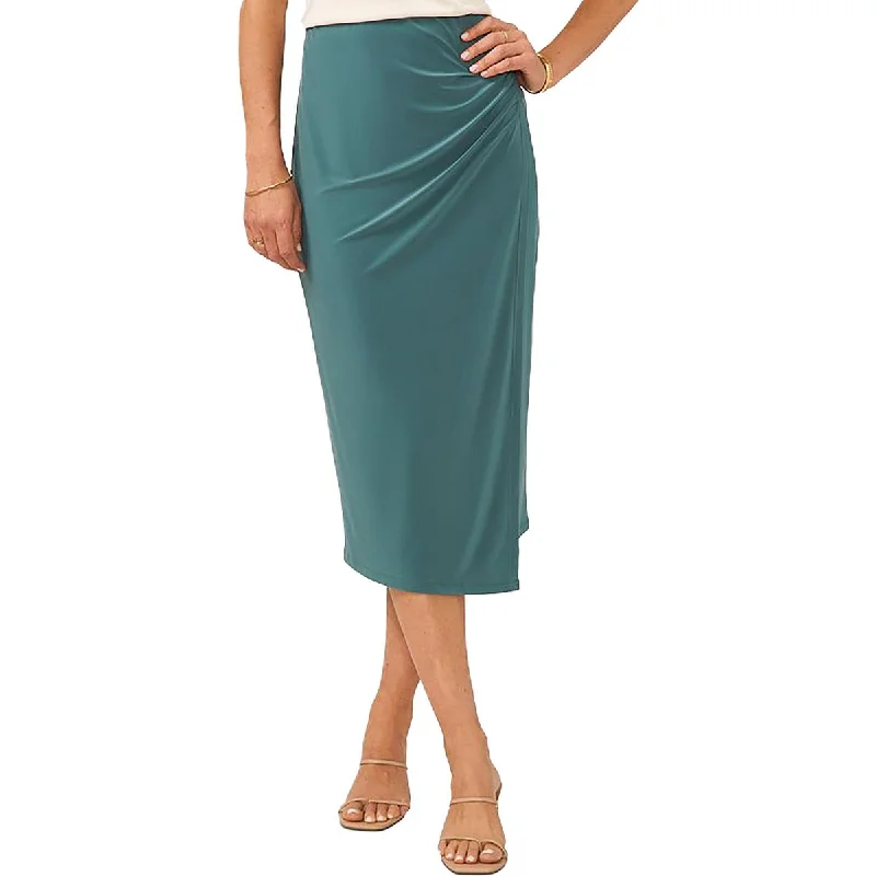 Womens Faux Wrap Below Knee Midi Skirt zip skirt side