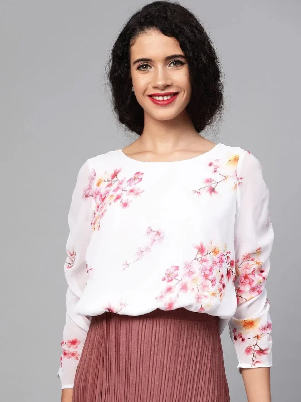 Off-White Floral Rouched Sleeves Crop Top Satin Blend Silk Blend Wool Blend