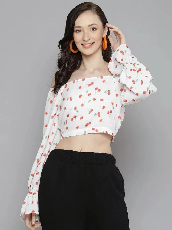 Women White Cherry Print Victorian Sleeve Crop Top Zippered Front Buttoned Front Snap Front