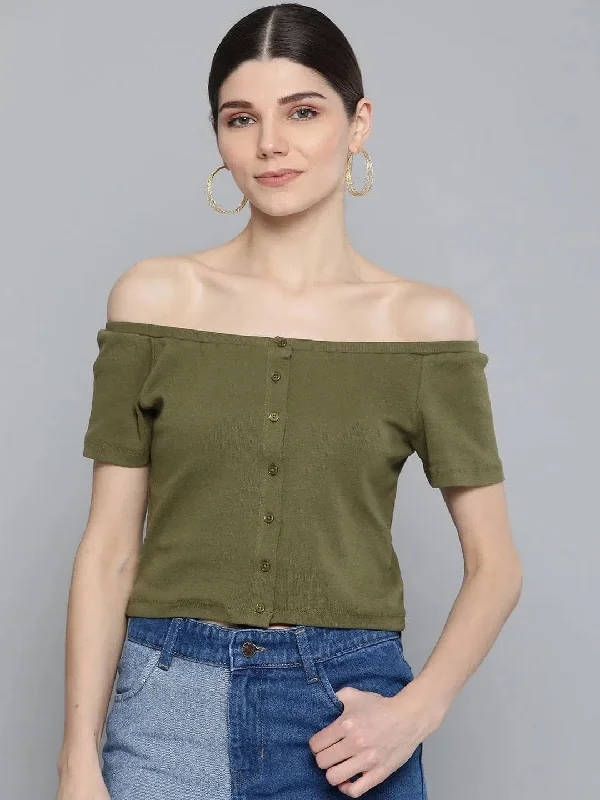 Olive Front Button Bardot Crop Top Striped Floral Plaid
