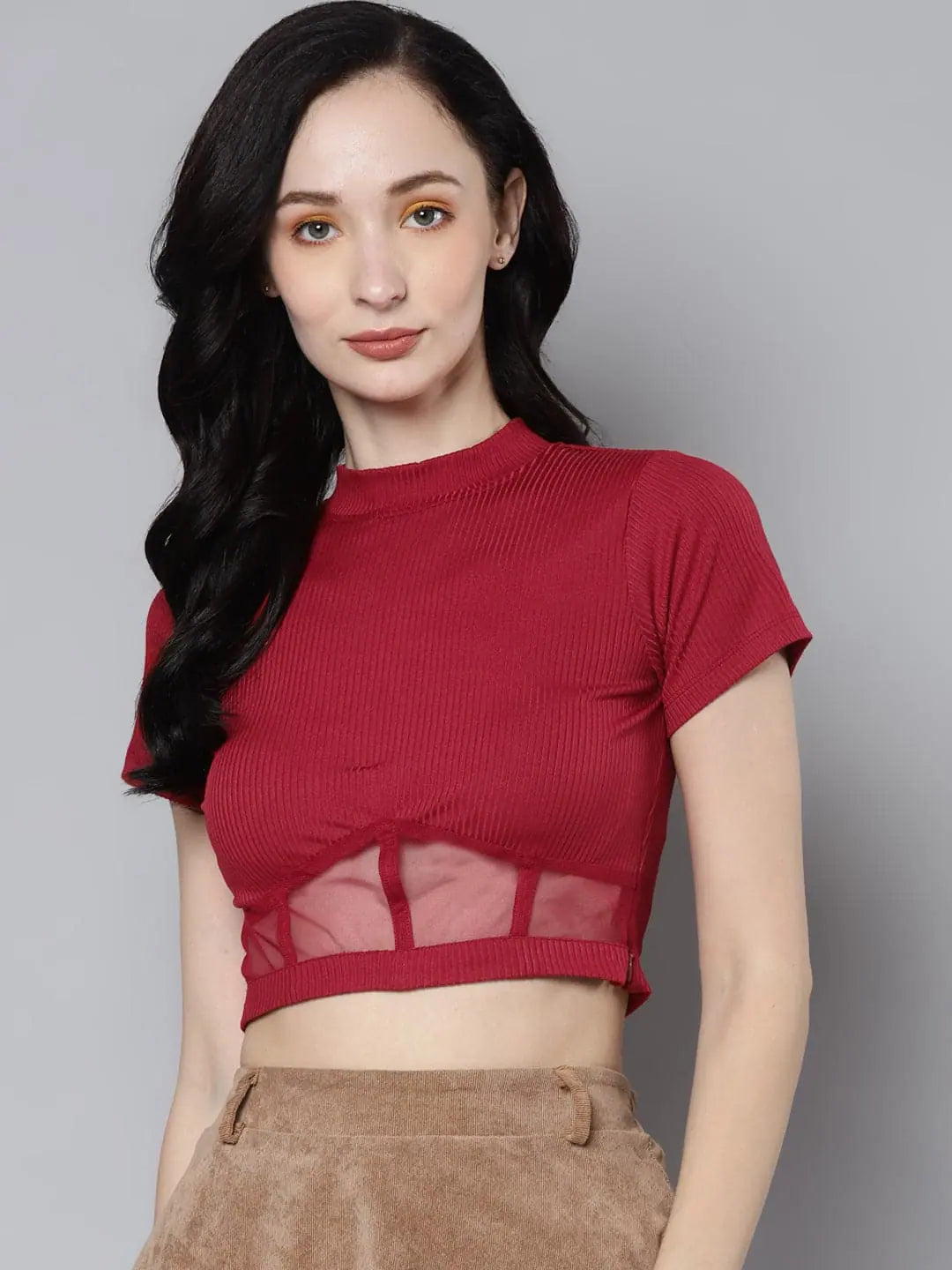 Women Red Rib High Neck Crop Top Print Jacquard Patchwork