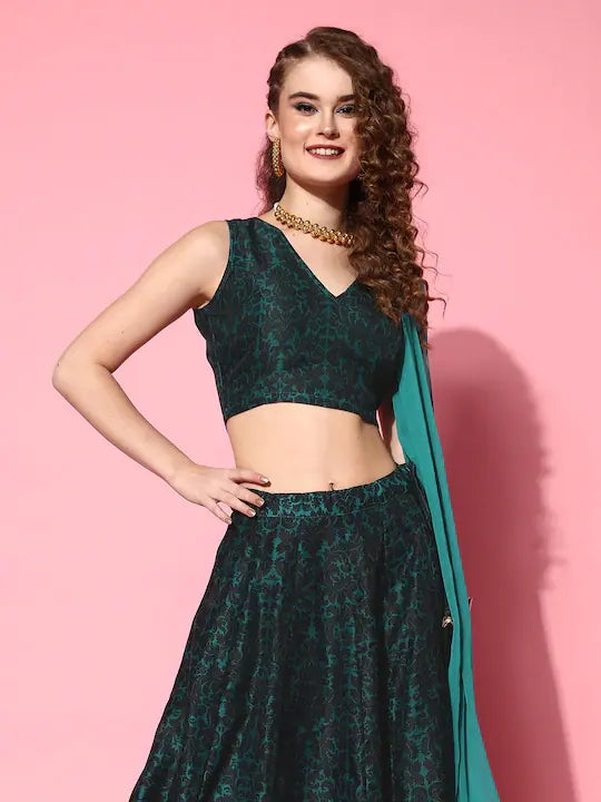 Women Teal Chanderi Floral Attached Dupatta Crop Top Mesh Blend Leather Blend Suede Blend