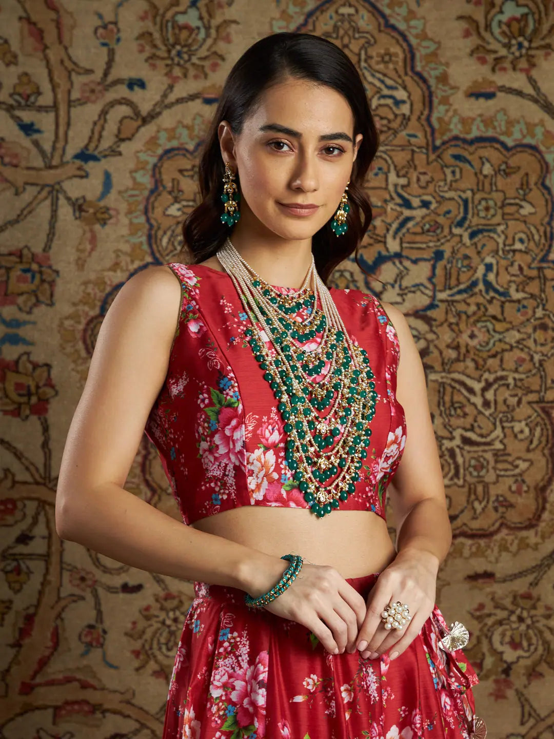 Women Maroon Chanderi Floral Back Bow Tie Crop Top Solid Print Embellished