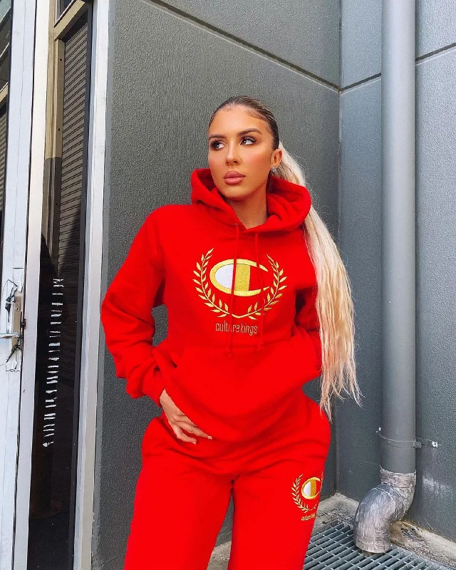 Champion Champion x Culture Kings Rev Weave Hoodie Red/Gold Hoodie with Puffed Sleeves Voluminous Trendy Champion Champion x Culture Kings Rev Weave Hoodie Red/Gold Hoodie with Puffed Sleeves Voluminous Trendy