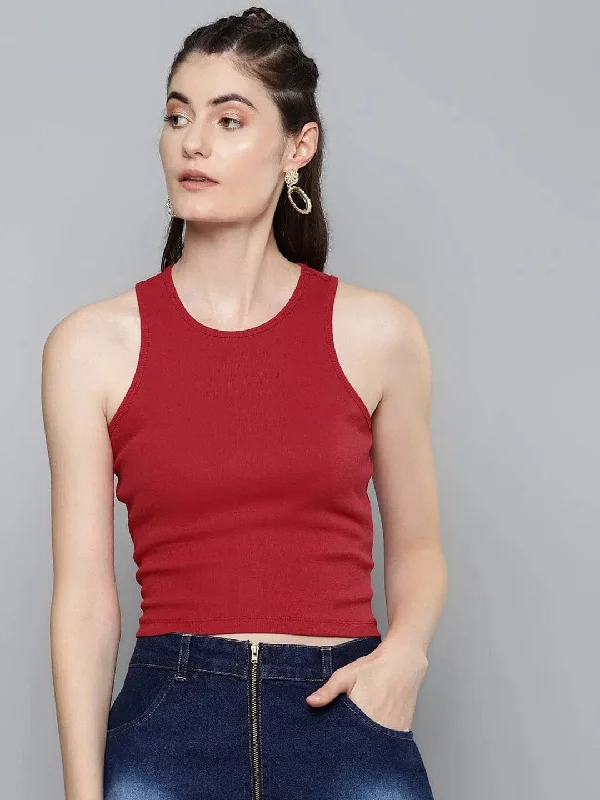 Red Box Back Crop Top Notch Collar Peter Pan Collar Cowl Neck