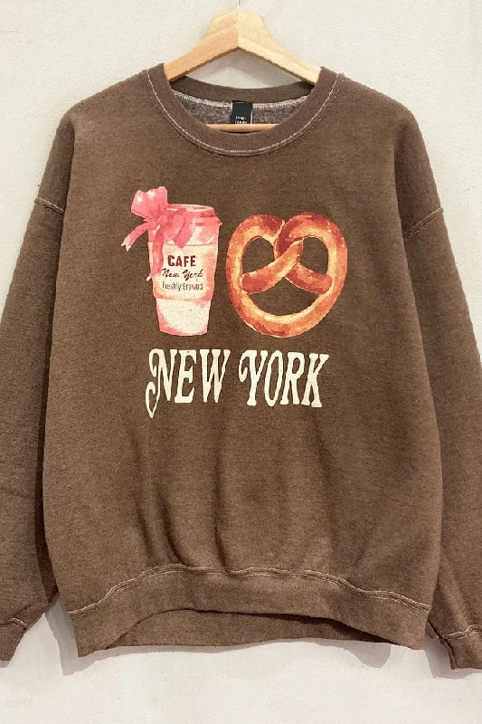 New York Pretzel Sweatshirt Hoodie with Frayed Bohemian Relaxed