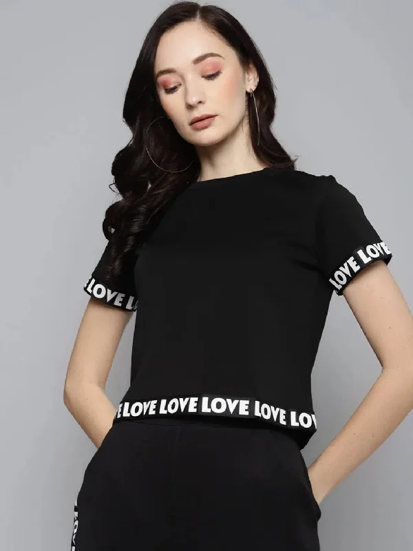 Black Scuba Short Sleeves Love Tape Crop Top Satin Fabric Silk Fabric Chiffon Fabric Black Scuba Short Sleeves Love Tape Crop Top Satin Fabric Silk Fabric Chiffon Fabric