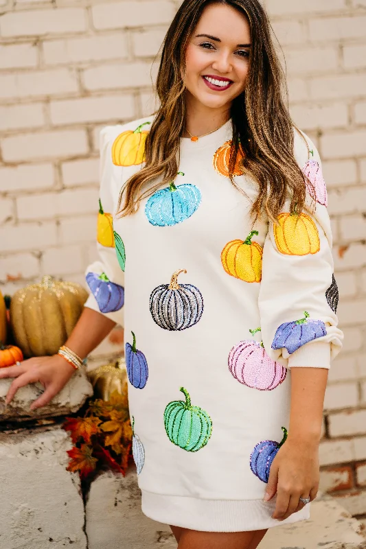 Queen of Sparkles: Beige Multi Pumpkin Sweatshirt Dress Hoodie with Mesh Breathable Sporty Queen of Sparkles: Beige Multi Pumpkin Sweatshirt Dress Hoodie with Mesh Breathable Sporty