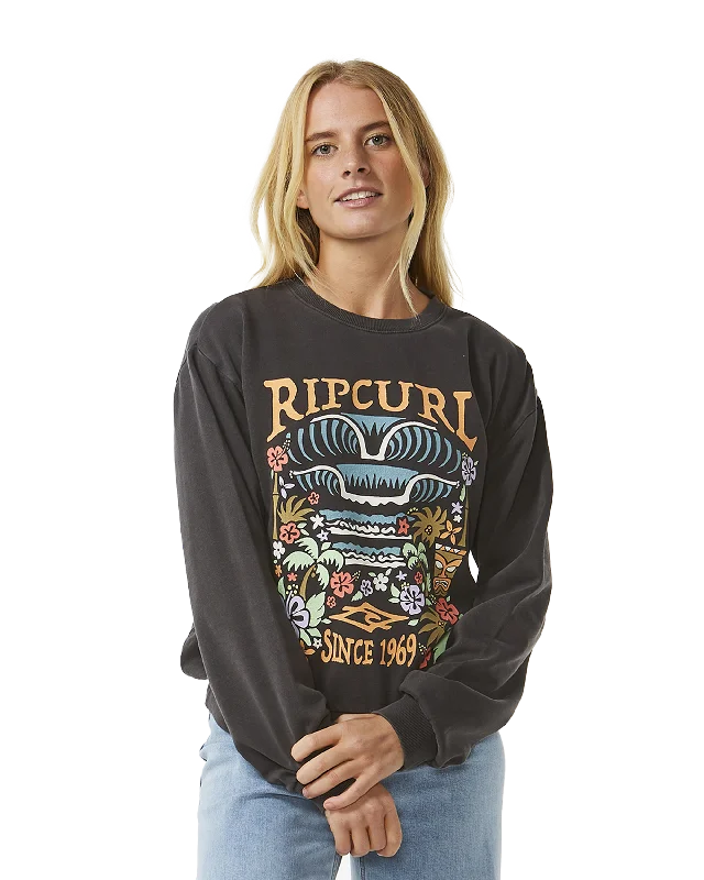 Tiki Tropic Relaxed Sweatshirt in Washed Black Hoodie with Hem Fringe Bohemian Relaxed Tiki Tropic Relaxed Sweatshirt in Washed Black Hoodie with Hem Fringe Bohemian Relaxed