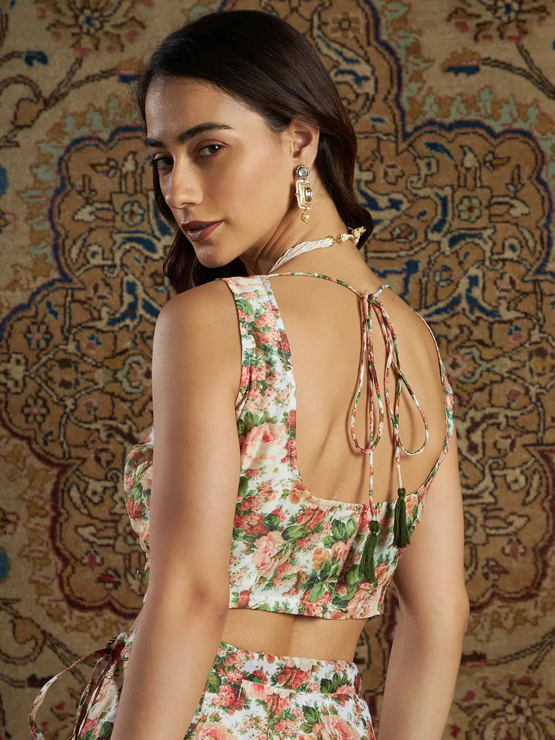 Women Peach Chanderi Floral Sleeveless Crop Top Satin Blend Silk Blend Wool Blend