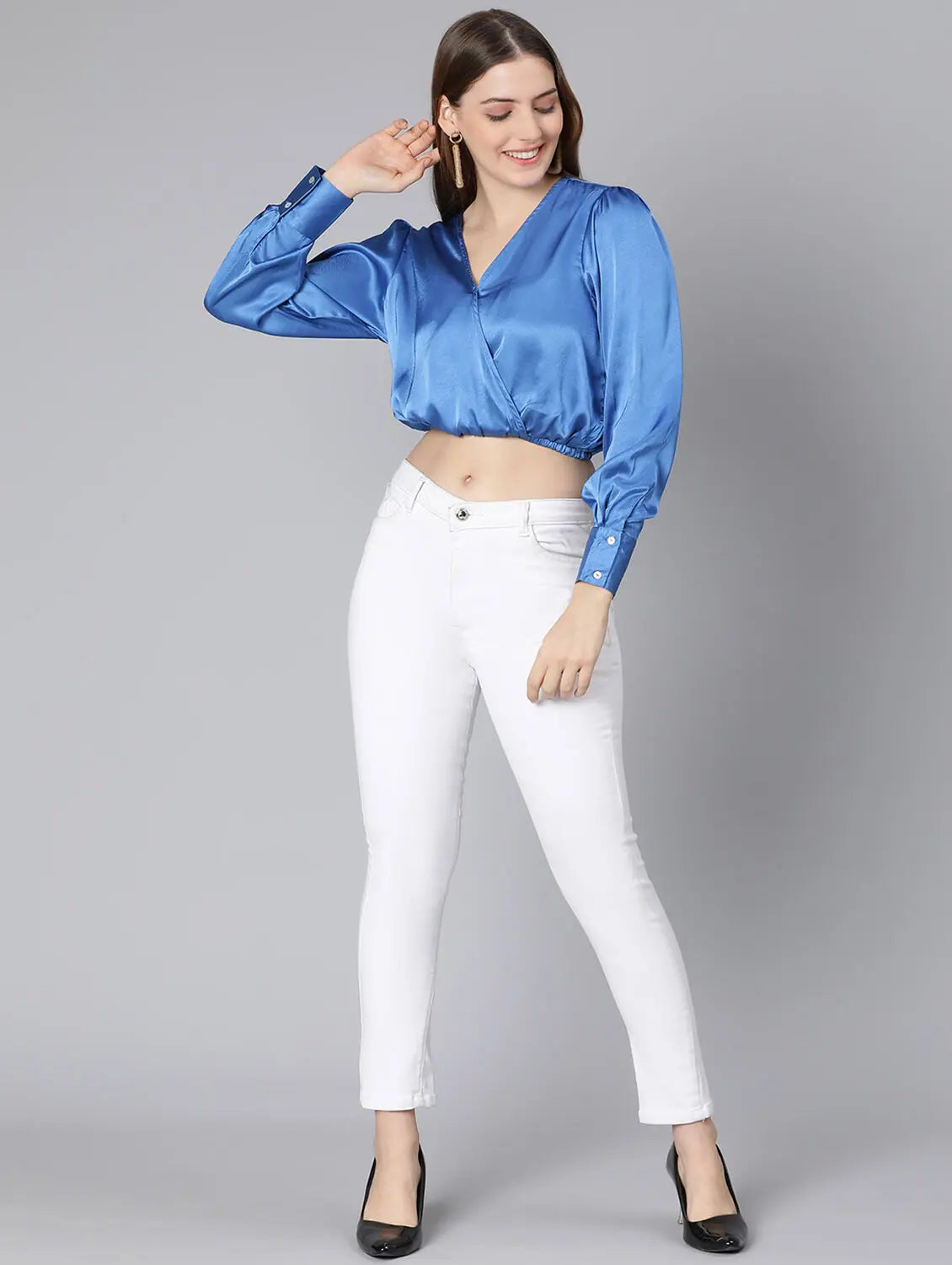 Party Wear Solid Blue Elasticated Women Partywear Satin Crop Top-SS22035WBL003_XL Cozy Warm Stylish Party Wear Solid Blue Elasticated Women Partywear Satin Crop Top-SS22035WBL003_XL Cozy Warm Stylish