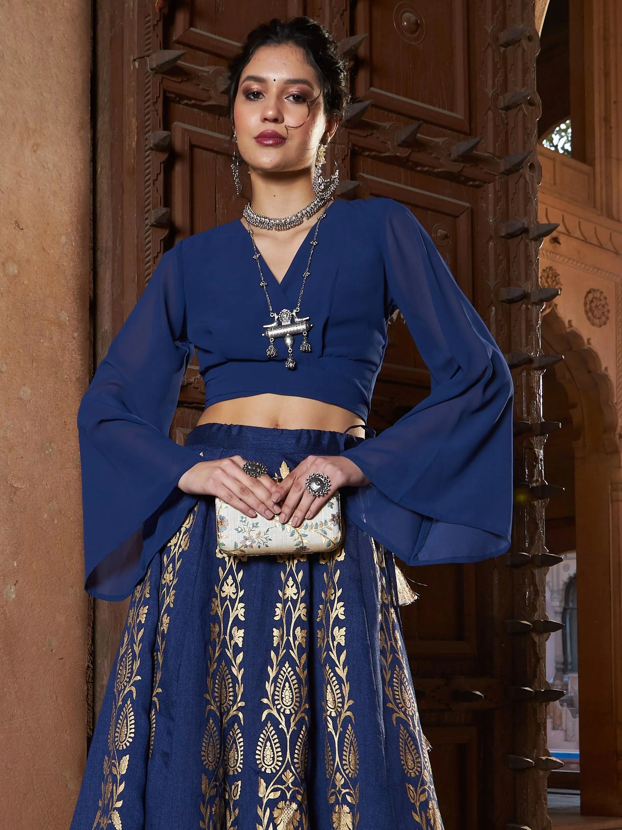 Women Navy Wrap Tie Knot Crop Top Collared Crew Neck Turtle Neck