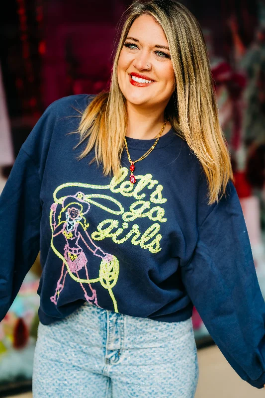 Queen of Sparkles: Navy 'Lets Go Girls' Lasso Cowgirl Sweatshirt Hoodie with Fur Luxurious Winter Queen of Sparkles: Navy 'Lets Go Girls' Lasso Cowgirl Sweatshirt Hoodie with Fur Luxurious Winter