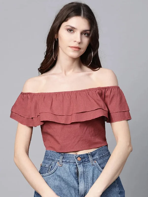 Burgundy Off Shoulder Layer Crop Top Embroidered Appliqued Beaded